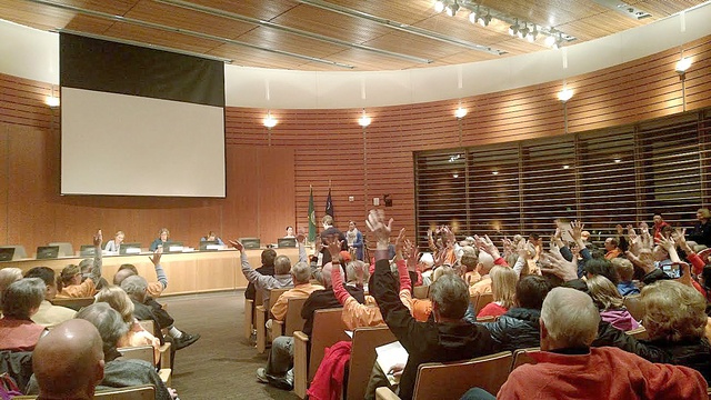 Scores of CENSE members silently wave hands in approval as CENSE President Don Marsh makes points against the Energize Eastside project.