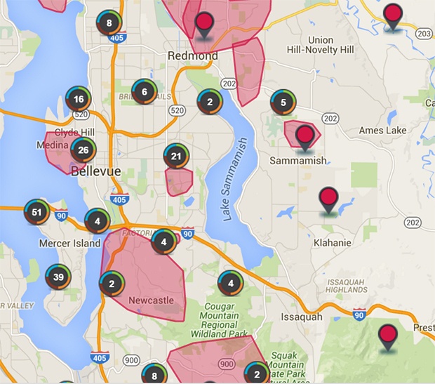 A screenshot of the Puget Sound Energy outage map showing outages throughout the region Sunday around 5:30 p.m.