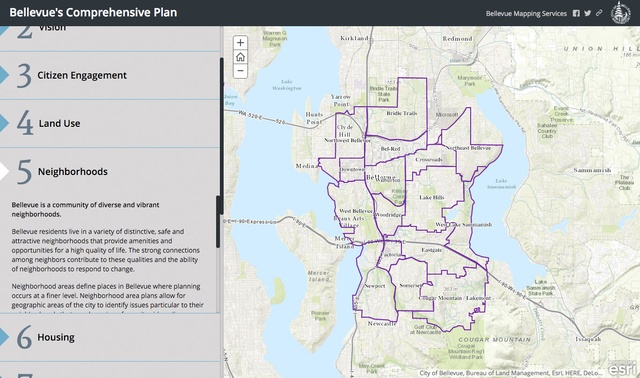This snapshot of the comprehensive plan mapping tool shows the distinct Bellevue neighborhoods.