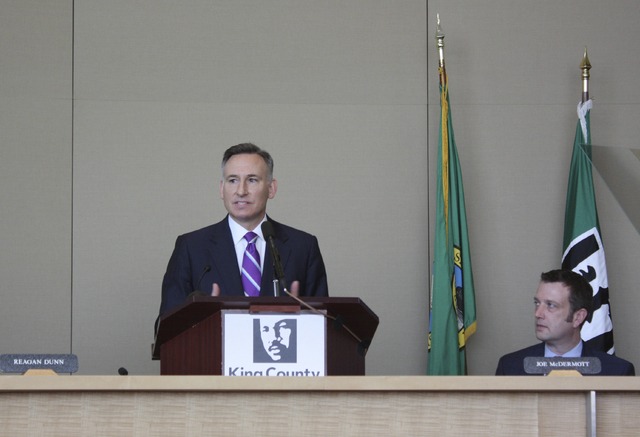 King County Executive Dow Constantine delivers his State of the County address at Redmond City Hall on Monday.