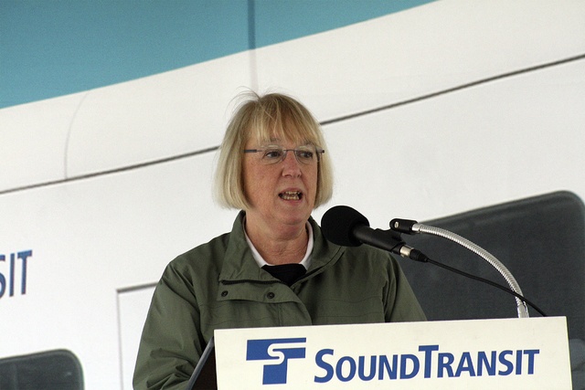 Senator Patty Murray speaks at the EastLink Extension groundbreaking in Downtown Bellevue. She has spent years working with county government and state departments to make the light rail project a reality.