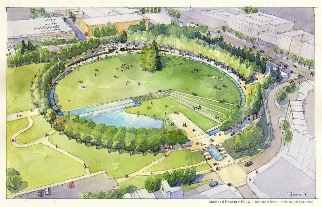 This rendering shows the completed Bellevue Downtown Park including terraced seating and water fixtures.