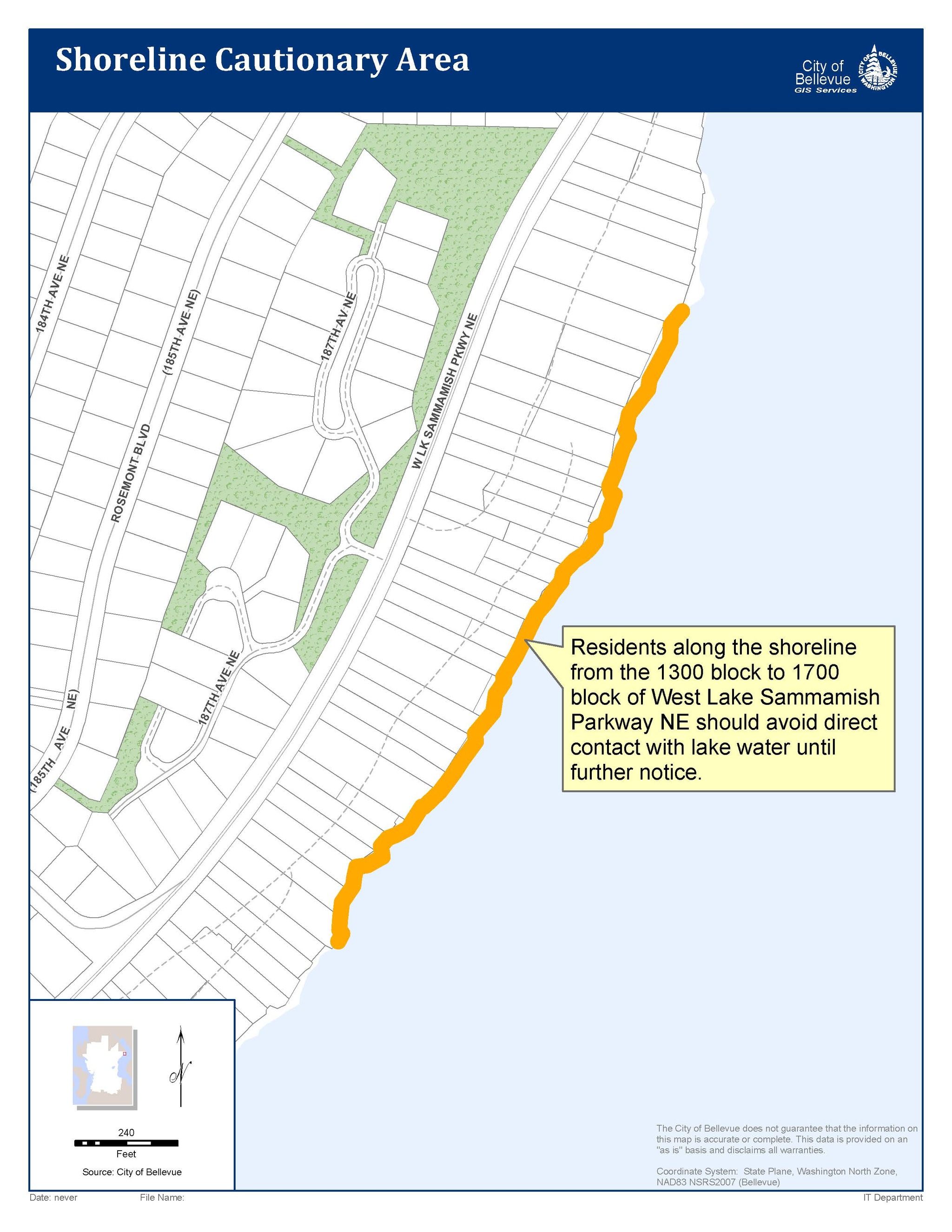 This map shows affected shoreline where the sewage spilled out into Lake Sammamish.