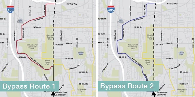 These maps show the two bypass routes Puget Sound Energy has announced. The routes would avoid the territory of the East Bellevue Community Council and head toward Downtown Bellevue before continuing south to reconnect with the utilities corridor.