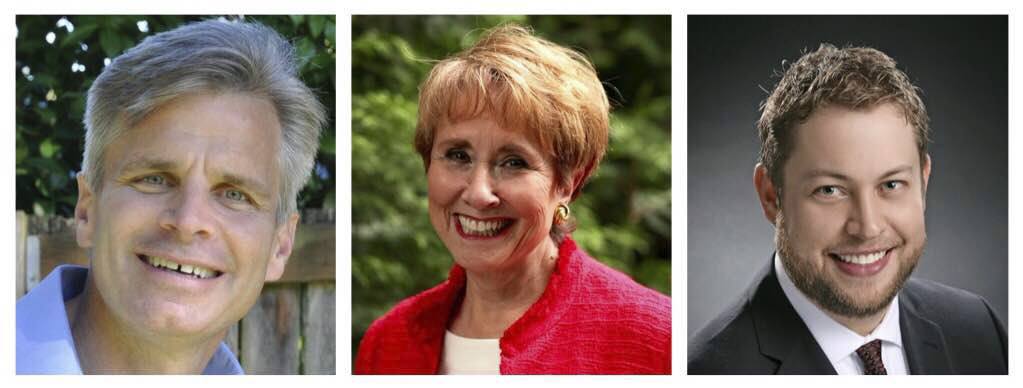 Challengers Lisa Wellman (center) and Bryan Simonson (right) will try to unseat Steve Litzow (left) for the 41st District Senate seat in the Aug. 2 primary. Contributed photos.