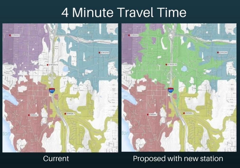 These twin graphics show the current four-minute travel time for fire crews (left) and the green area which Fire Station 10 would add (right).