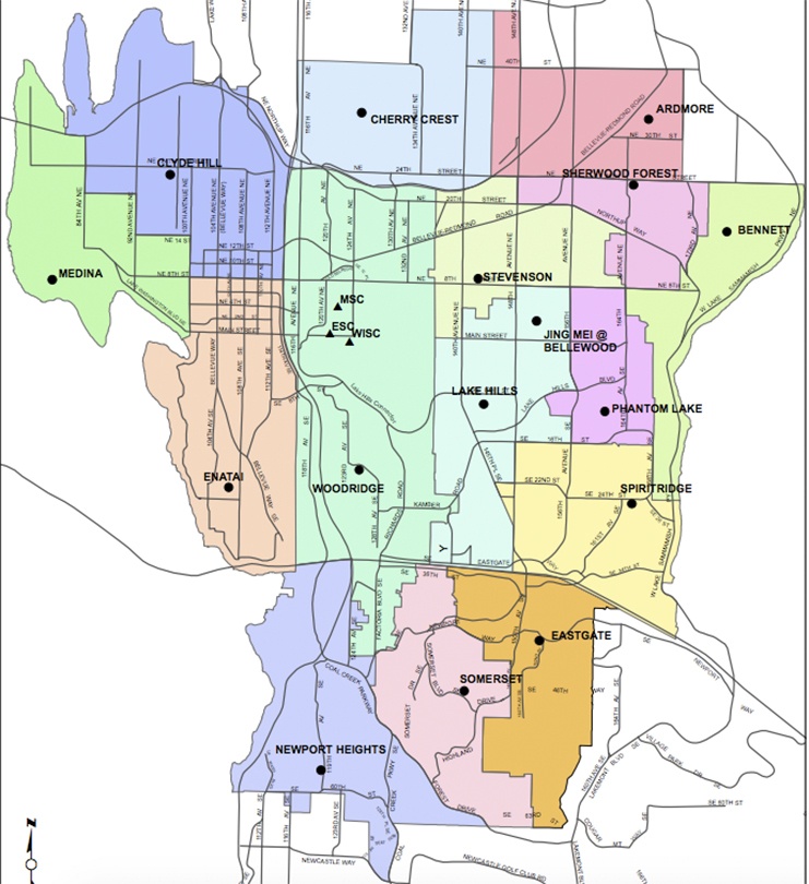A map of the existing elementary school boundaries. The property the district is purchasing is off of 120th Avenue Northeast