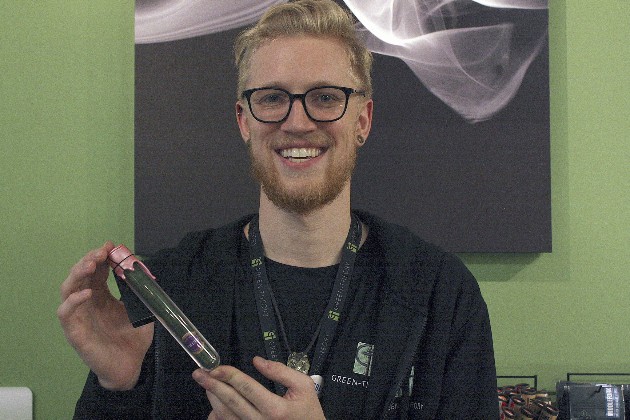 Green-Theory Evan Anderson displays the "Cannagar" to be auctioned off at the fundraising event on Saturday