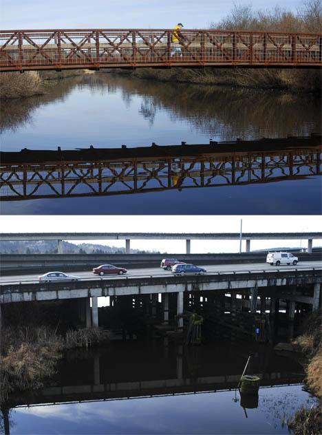 Two sides of the Mercer Slough Nature Park. Top: A visitor walks along a foot bridge in one of the more serene areas of the park. Bottom: Freeway ramps cross the slough on its southern end.