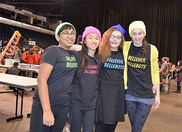 The Bellevue Bellebots pose for a photo at the Western Washington FIRST Lego League Championship.
