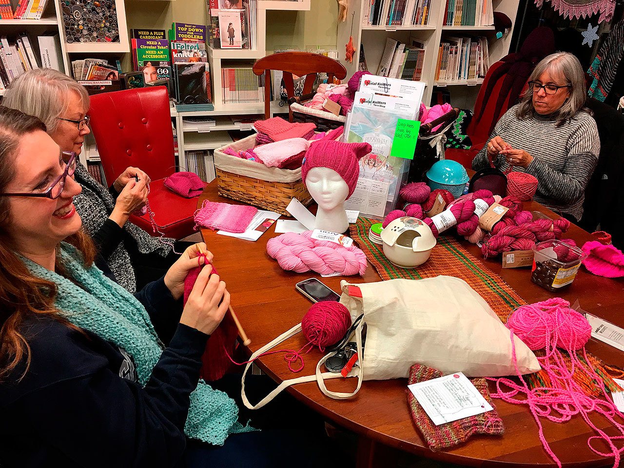 Participants in the Women’s March are knitting pink “Pussyhats,” stocking caps with cat ears, which have come to symbolize women’s rights. Contributed photo
