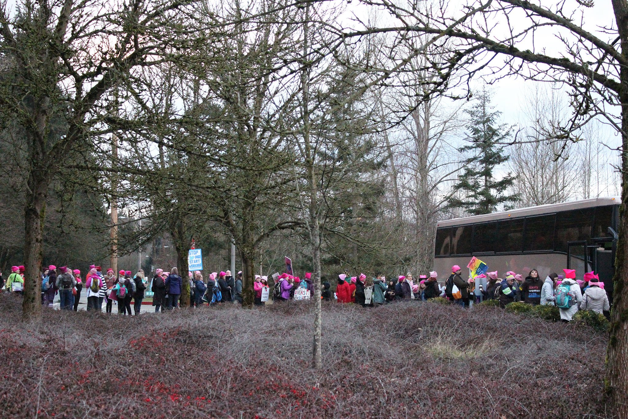 Eastside residents line up to board a charter bus to the Women’s March in Seattle from the South Bellevue Park and Ride (Allison DeAngelis/staff photo).