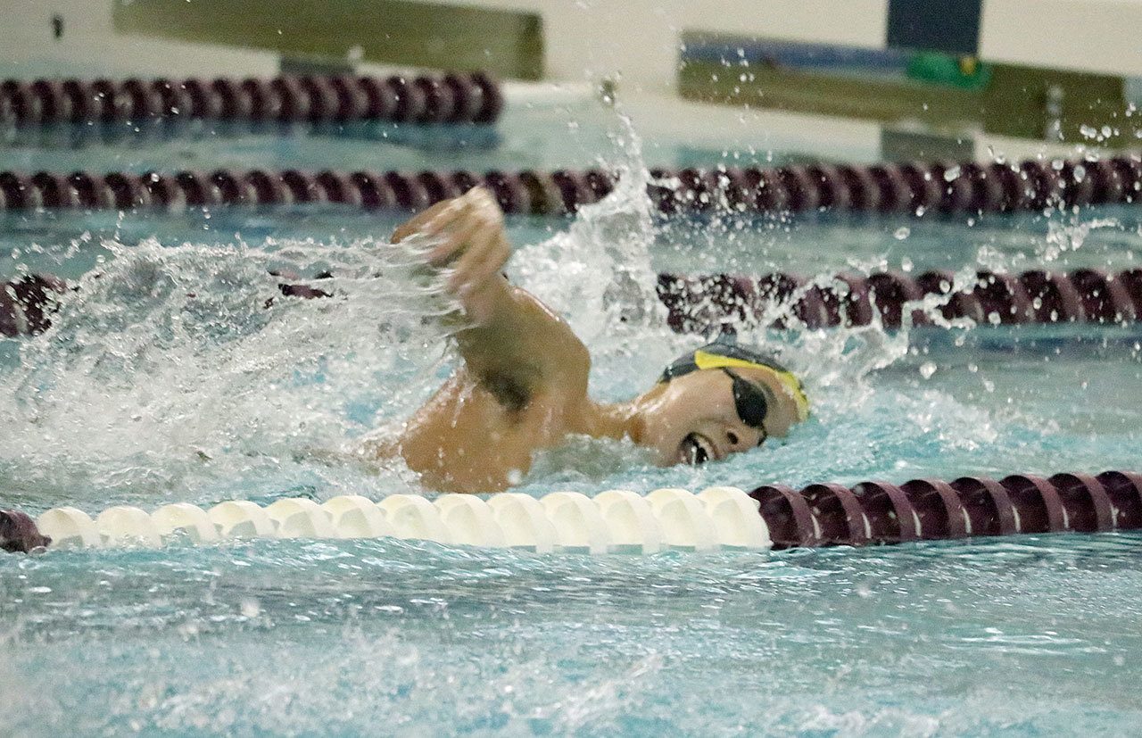 Bellevue’s Nathan Shao competes in the 200 yard freestyle during the KingCo championships. Shao placed seventh with a time of 1:47.99 (Joe Livarchik/staff photo).