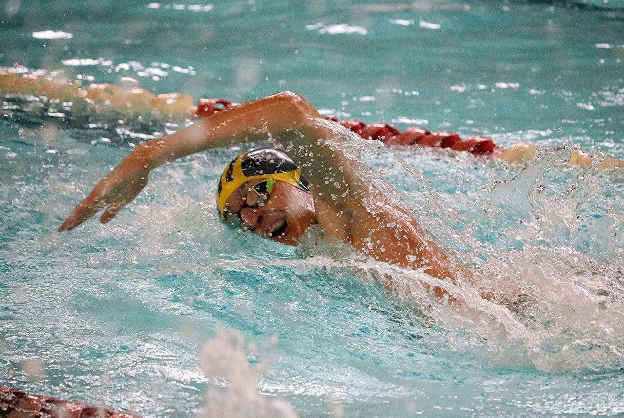Bellevue’s Jackson Dudley competes in the 200 free Saturday at Mary Wayte Pool. Dudley was second to teammate Andrew Boden, finishing with a time of 1:47.11 (Joe Livarchik/staff photo).