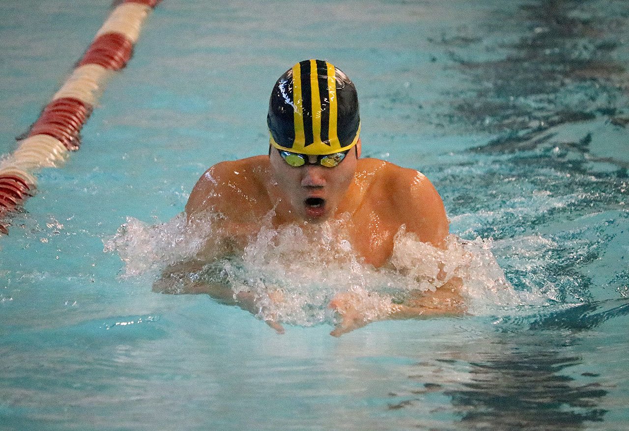 Bellevue’s Andrew Lee competes in the 100 breast Saturday at Mary Wayte Pool. Lee finished third with a time of 1:00.23 (Joe Livarchik/staff photo).