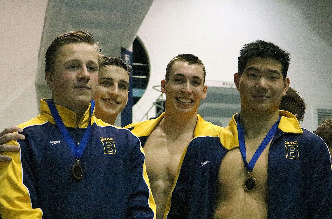 Bellevue’s 200 free relay team of Sebastian Steen, Nick Kenny, Andrew Boden and Andrew Lee won the event with a time of 1:25.52 (Joe Livarchik/staff photo).