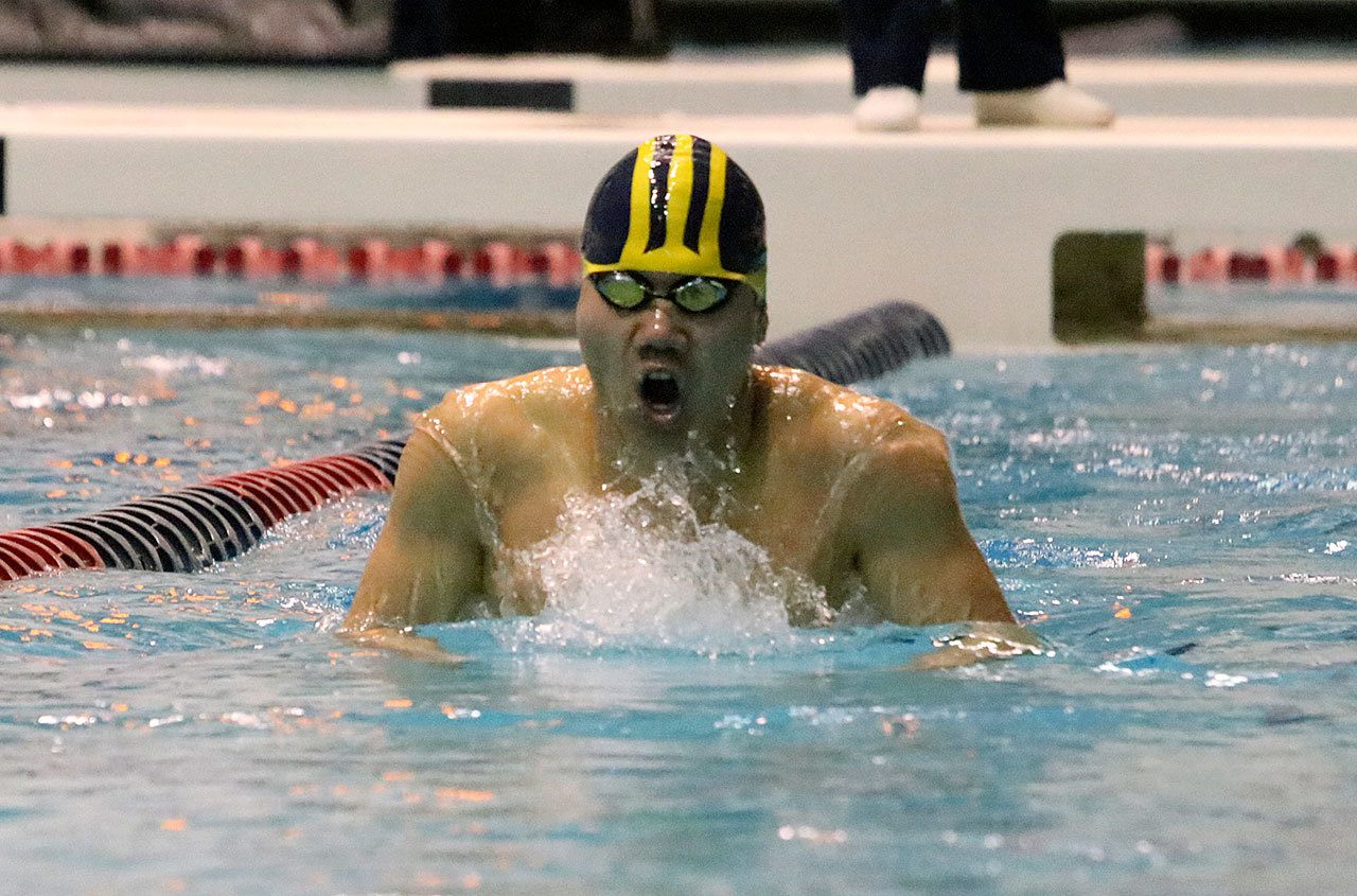Bellevue’s Andrew Lee competes in the 100 breast. Lee placed third with a time of 57.66 (Joe Livarchik/staff photo)