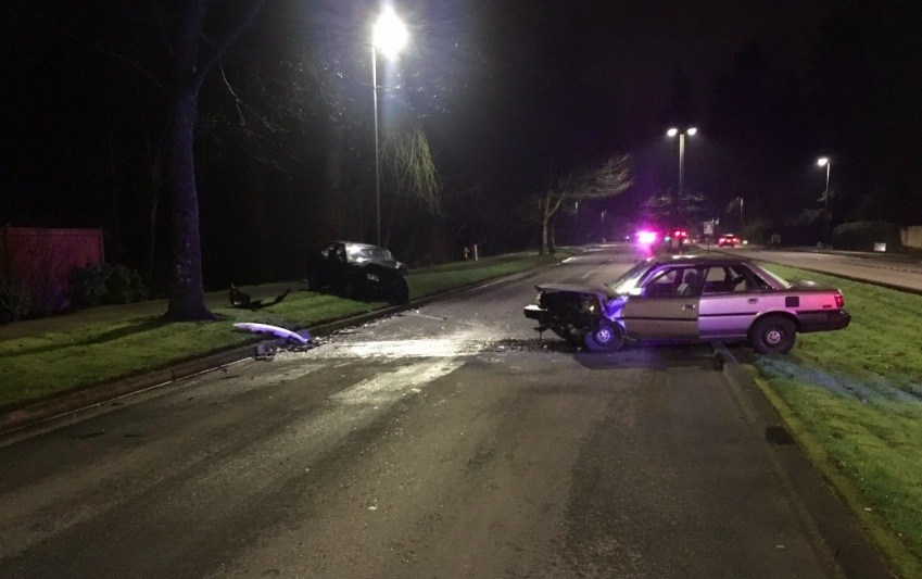 Kyle Rancourt was driving on 148th Avenue Northeast in his vehicle, at left, when he was struck by an alleged drunk driver (Photo courtesy of the Bellevue Police Department).