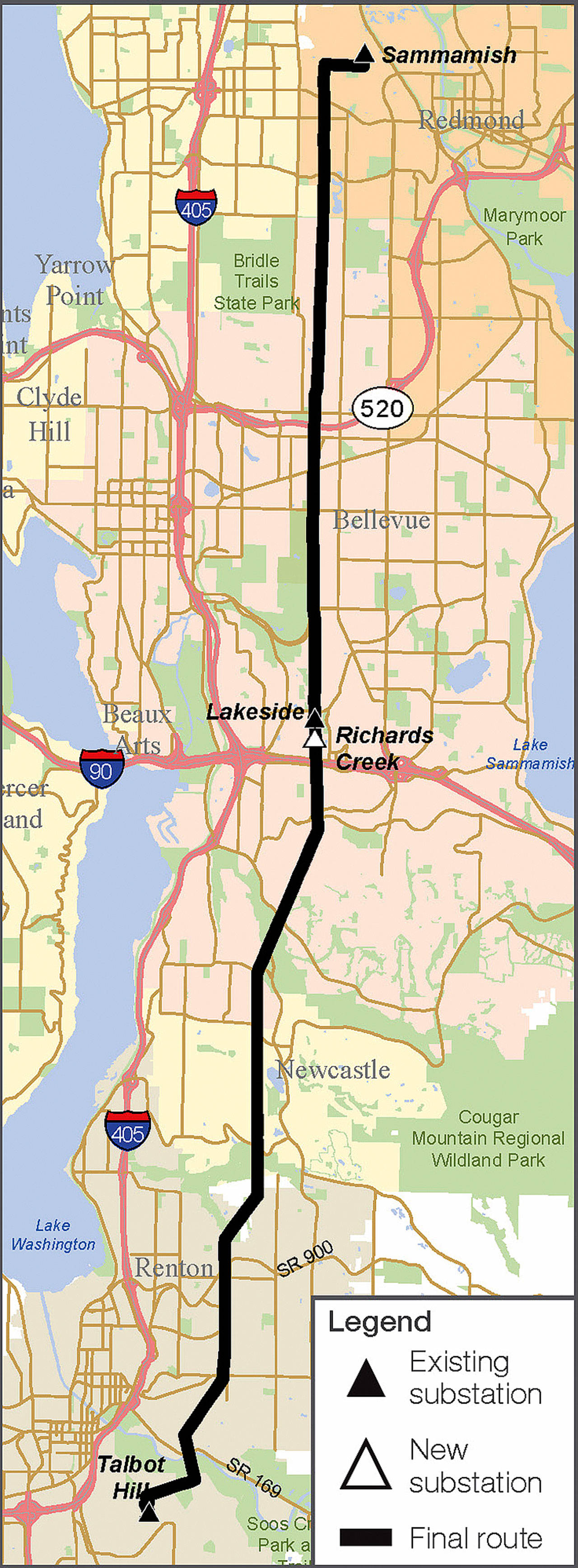 Energize Eastside will start in Redmond and end in Renton with a new substation in Bellevue. Map courtesy of Puget Sound Energy