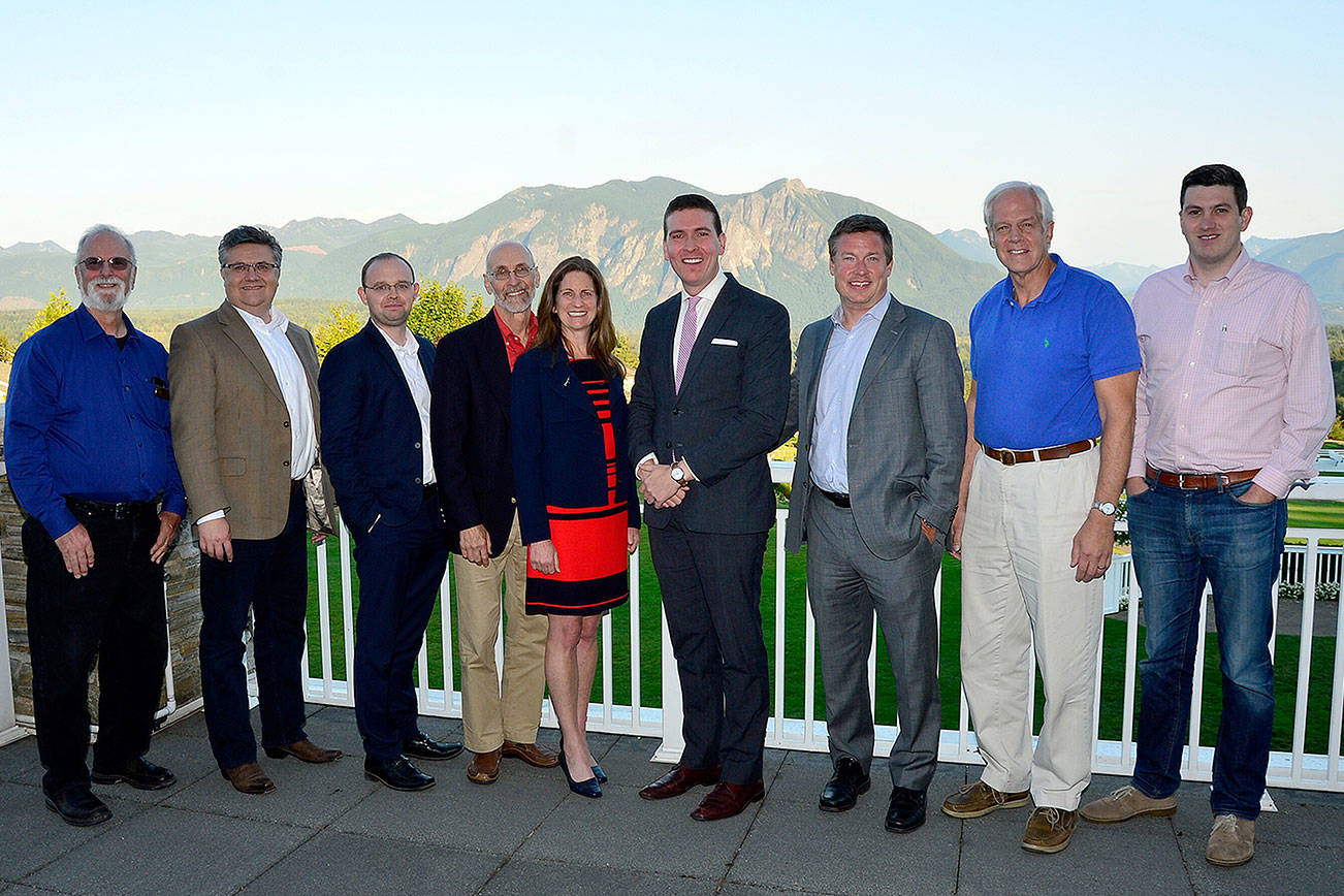 Legislators attending the Sept. 14 wrap up event in Snoqualmie were, from left, Vince Fortunato, Mark Harmsworth, Morgan Irwin, Larry Springer, Tana Senn, Paul Graves, Mark Mullet, Mark Hargrove, Drew Stokesbary. (Photo courtesy of Mary Miller)