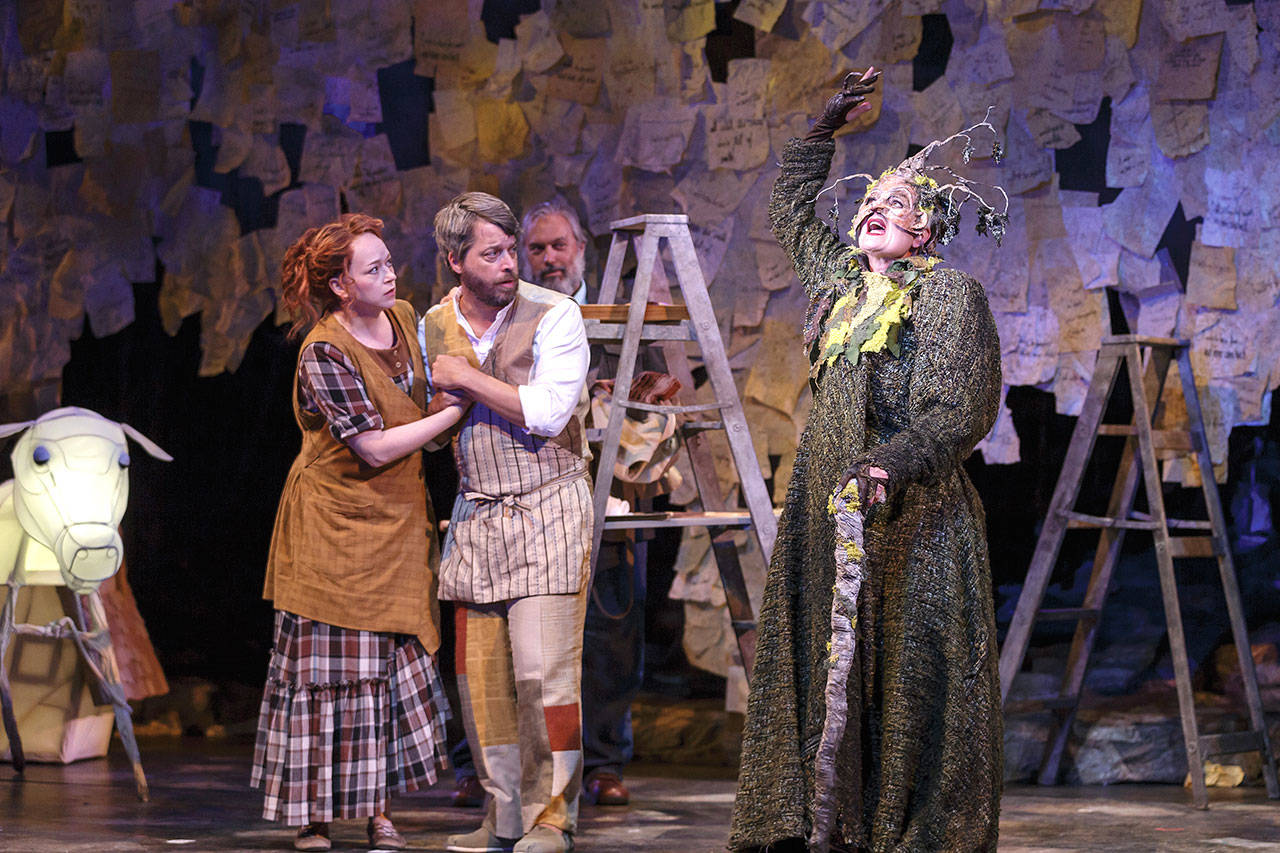 The witch (Broadway veteran Mari Nelson), right, has cursed the baker (Trey Ellett), middle, and his wife (Christine Marie Brown), left, so that they are unable to have children; she will only lift the curse if they can find her four specific items in the woods. Photo courtesy of Village Theatre