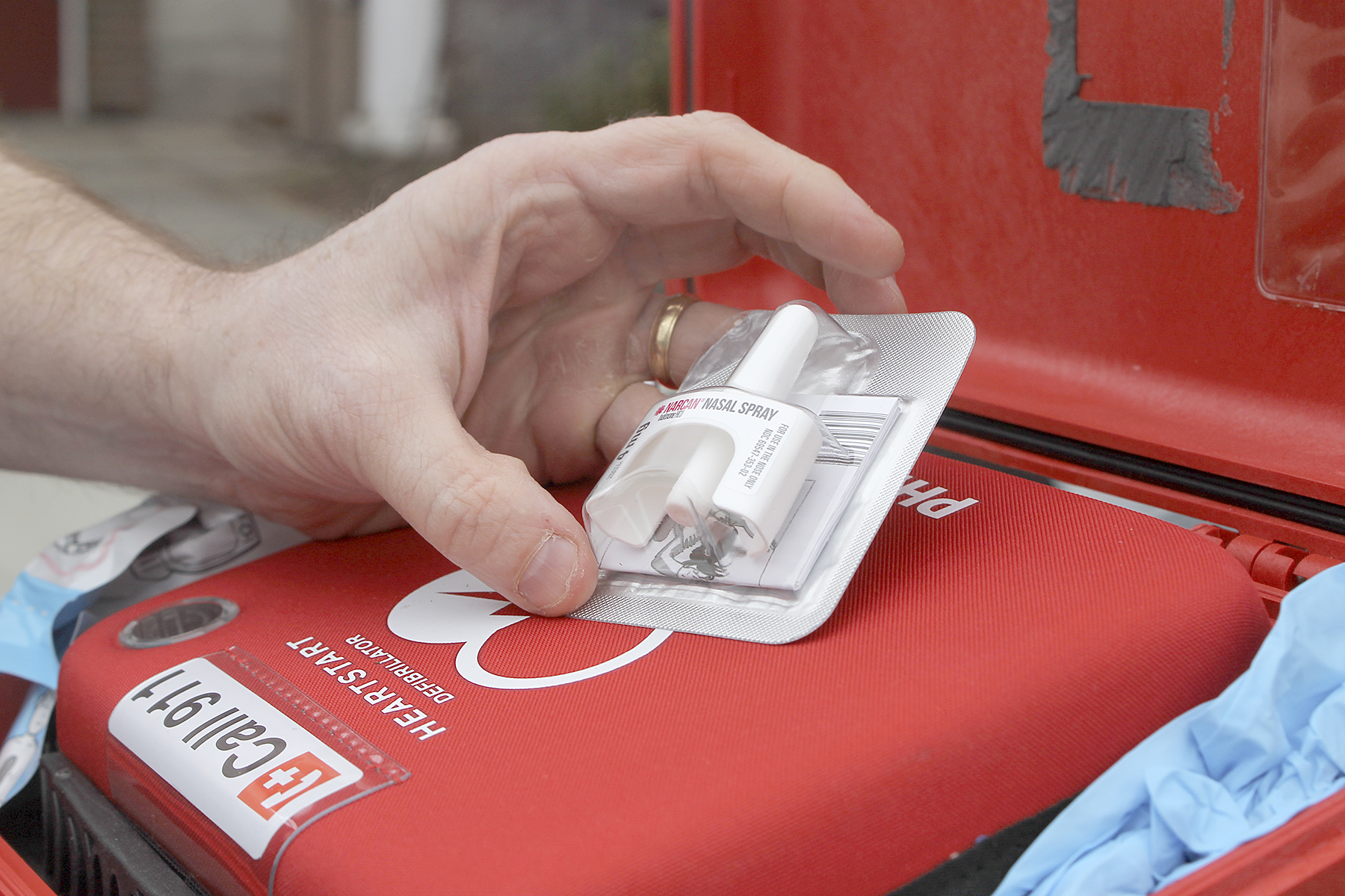 Evan Thompson / The Record Langley Police Chief David Marks displays a 4mg dosage of Narcan, which is usually stored in his defibrillator box.