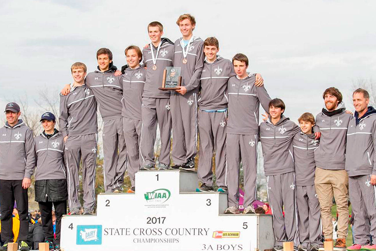 Photo courtesy of Jeff Roberts                                The Interlake Saints boys Cross Country squad earned second place at the Class 3A state meet at Sun Willows Golf Course in Pasco on Nov. 4. The Saints compiled 92 team points. Kamiakin captured first place with 55 team points (low score wins in Cross Country). Interlake senior Dante Paszkeicz captured ninth place individually with a time of 15:41. Saints’ senior Matthew Roberts earned 11th place with a time of 15:45.7.