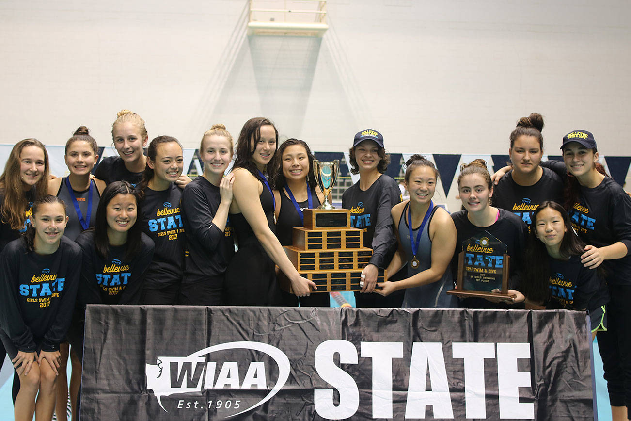 Photo courtesy of Anna Duff                                The Bellevue Wolverines girls swim & dive team earned the Class 3A state championship on Nov. 11 at the King County Aquatic Center in Federal Way. The Wolverines, who compiled a total of 281 team points, won a state title for the first time since the 2006 season. Bellevue athletes Elena Acevedo, Eleanor Casey, Katie Duff, Delora Li, Janelle Rudolph, Rylee Siripipat, Aneta Wyzga, Rachel Jin and Sarah Walsh competed at the state meet. The Wolverines were coached by Andy Hay, Lisa Van Loben Sels, Mckenzie Schroder, Oey Chang and Ale Fuentes.