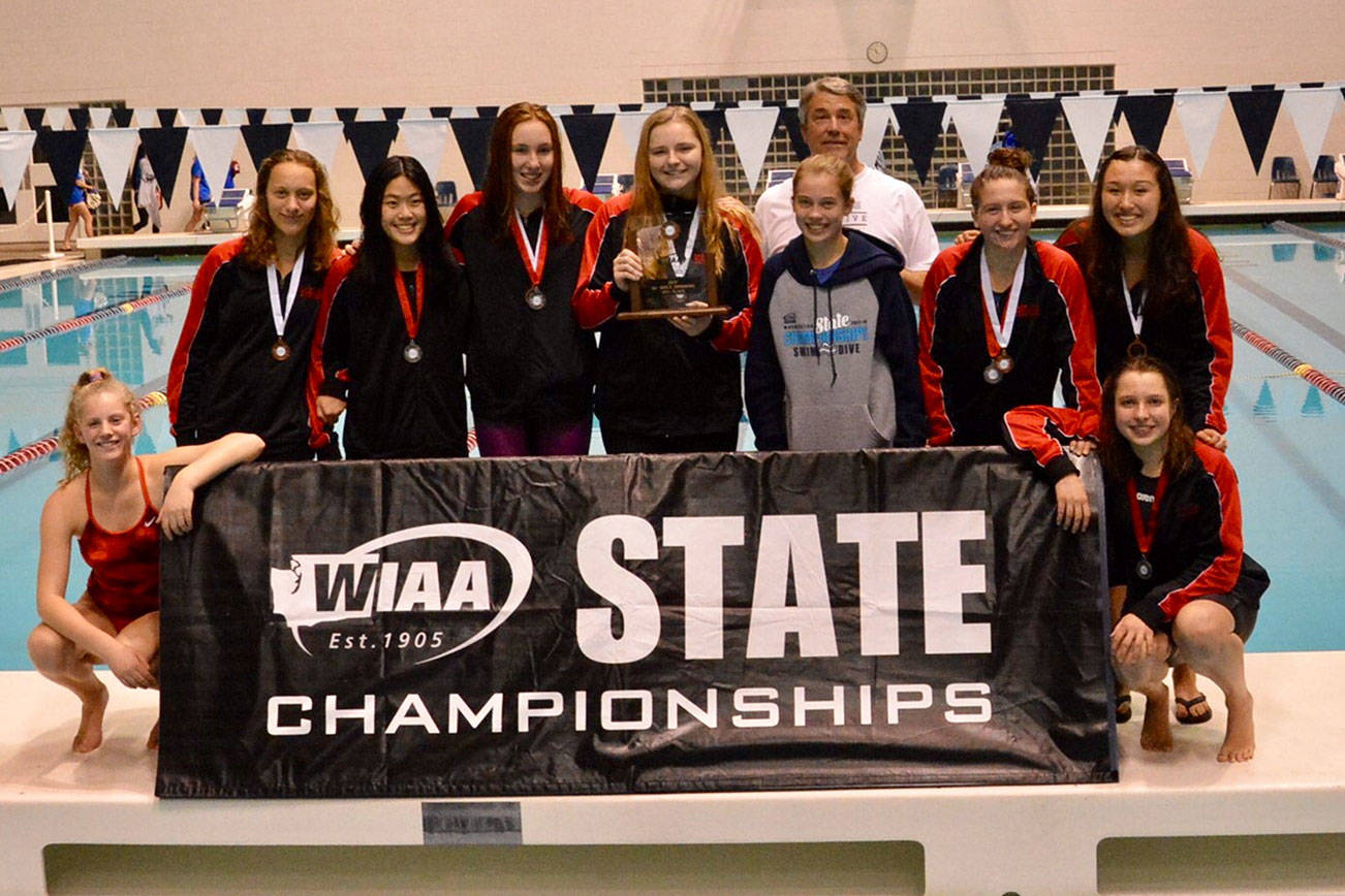 Photo courtesy of Kim Weber                                The Sammamish Totems girls swim team attained a fourth place finish at the Class 2A state swim and dive championships on Nov. 11 at the King County Aquatic Center in Federal Way. The Totems compiled a total of 158 team points. Members of the varsity roster consisted of Anna Troje, Sierra Rosenow, Kona Kao, Kayla Chenier, Tesslyn Matthes, Lilje Stratton, Jillian Weber, Kylie Beagles, Katie Walz, Isabella Voight, Jamie Chin, Jalynn Youngs and Erin Whipple. Sammamish was coached by Paul Craig, Alejandra Fuentes, Justin Fleming and Oey Chang.