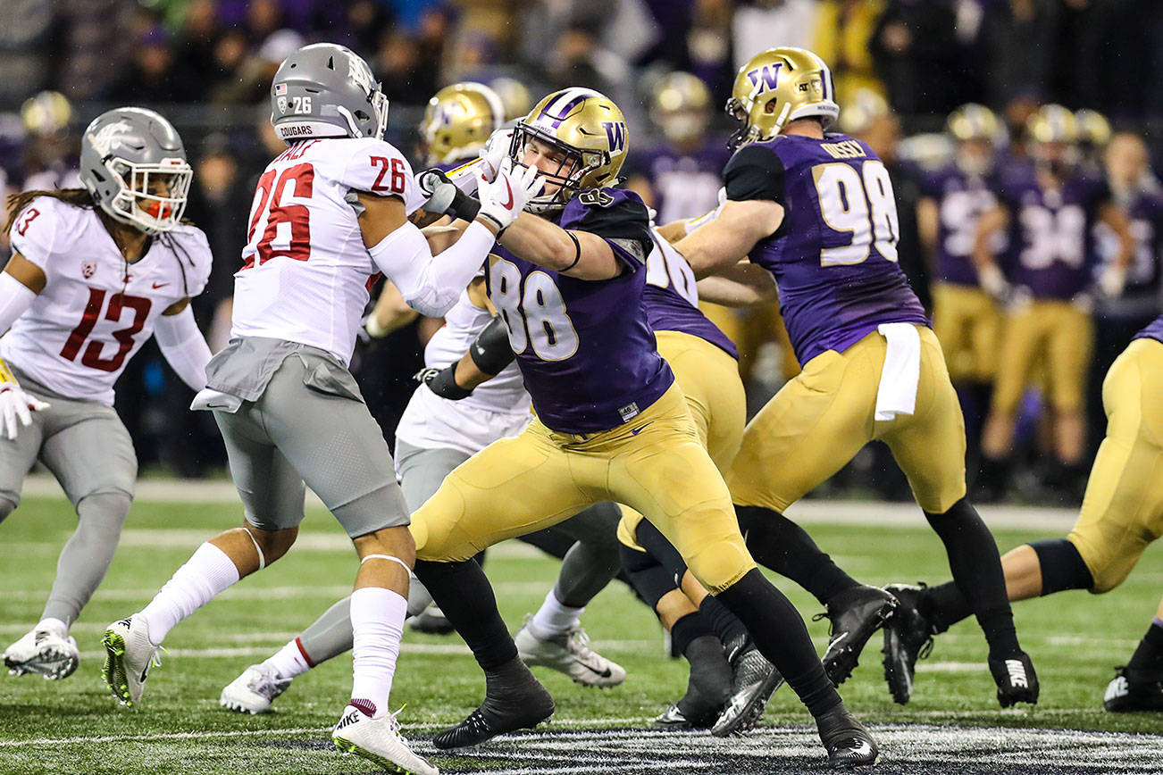 Photo courtesy of Rick Edelman/Rick Edelman Photography                                University of Washington Huskies tight end Drew Sample (No. 88) had one catch for five yards in the Apple Cup on Nov. 26 at Husky Stadium in Seattle. The Huskies defeated the Washington State Cougars 41-14. Sample is a 2014 graduate of Newport High School in Factoria.