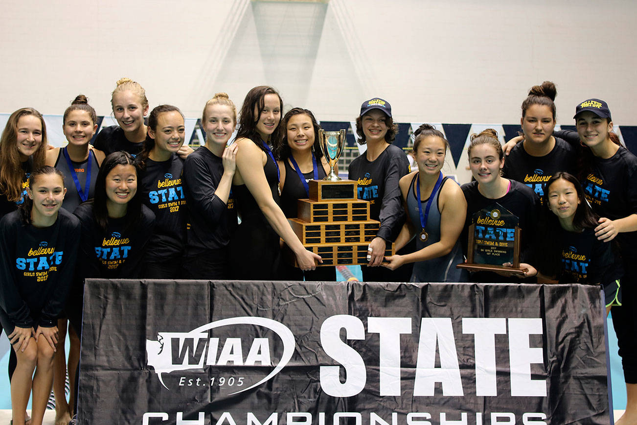 Photo courtesy of Anna Duff                                The Bellevue Wolverines girls swim dive team earned the Class 3A state championship on Nov. 11 at the King County Aquatic Center in Federal Way. The Wolverines, who compiled a total of 281 team points, won a state title for the first time since the 2006 season. Bellevue athletes Elena Acevedo, Eleanor Casey, Katie Duff, Delora Li, Janelle Rudolph, Rylee Siripipat, Aneta Wyzga, Rachel Jin and Sarah Walsh competed at the state meet. The Wolverines were coached by Andy Hay, Lisa Van Loben Sels, Mckenzie Schroder, Oey Chang and Ale Fuentes.