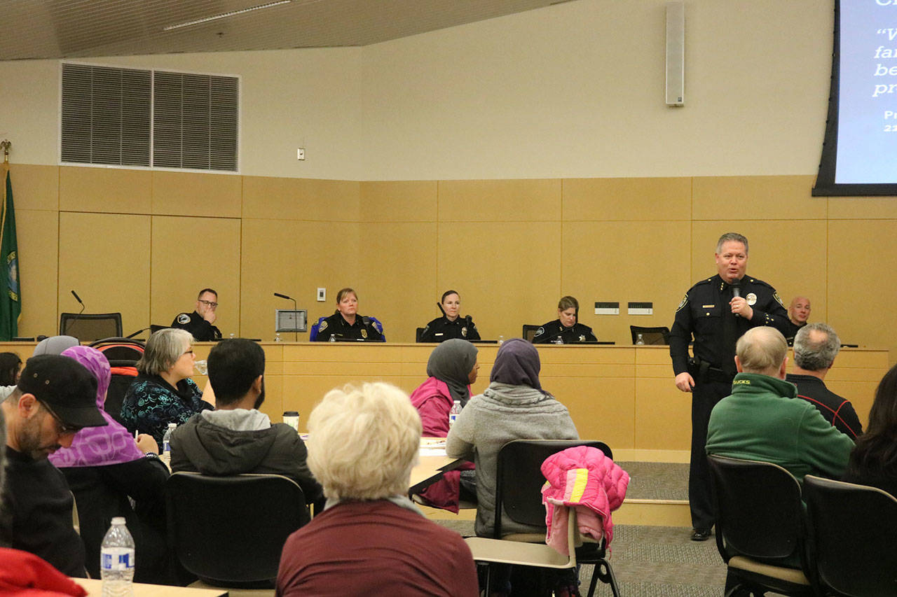 Bellevue Police Chief Steve Mylett welcomes everyone to the forum. Nicole Jennings/staff photo