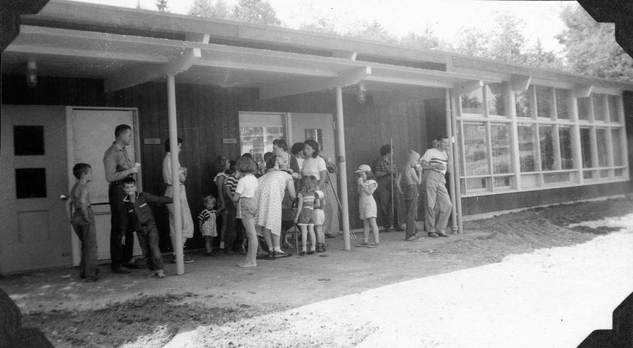 Neighborhood families held work parties in 1953 to landscape the grounds of Enatai Elementary School themselves. Photo courtesy of Enatai PTSA Archives and Clare Love