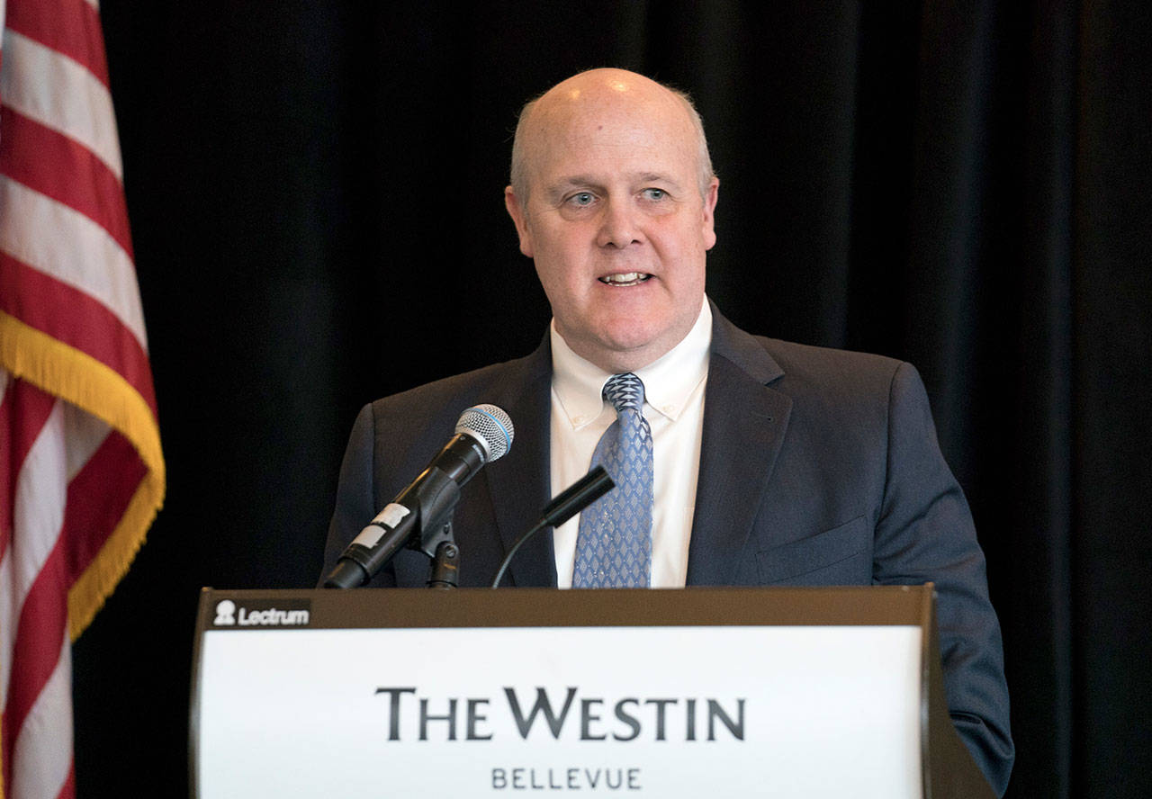 Photo courtesy Mike Nakamura Photography LLC. President and CEO of Overlake Medical Center Michael Marsh speaks about the center’s game-changing innovation across the health care continuum during the Bellevue Chamber of Commerce’s business lunch on Jan. 18 at the Westin Bellevue.