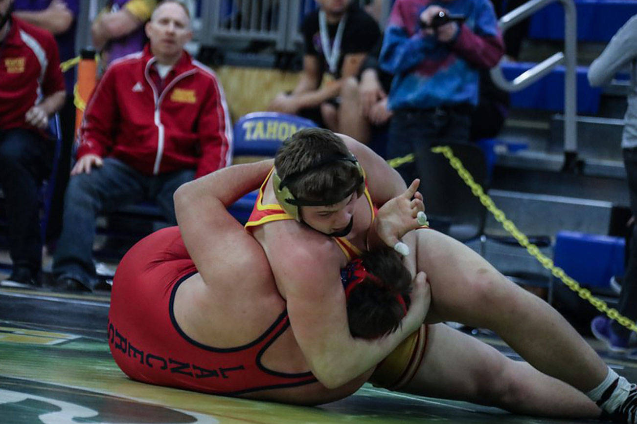Photo courtesy of Don Borin/Stop Action Photography                                Newport Knights senior wrestler Charlie Baumann (pictured) captured second place in the 285-pound weight division at the Class 4A Region II tournament on Feb. 10 at Tahoma High School in Maple Valley. Kennedy Catholic grappler Bowen McConville pinned Baumann in the championship match. Baumann will face Emerald Ridge Jaguars wrestler Jonah Mains in the first round of the Mat Classic Class 4A wrestling tournament 285-pound weight division on Feb. 16 at the Tacoma Dome.