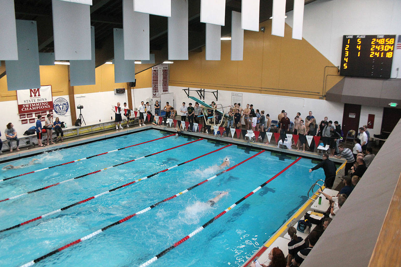 Bellevue High School swimmers were among other Eastside swimmers at a Feb. 9 swim meet. The meet was held at Mary Wayt Pool in Mercer Island and is among only a handful of pools Bellevue swimmers can compete. Raechel Dawson/staff photo