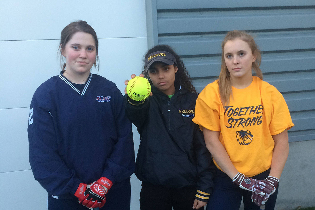 ​Shaun Scott, staff photo                                Mary Catherine Tolbert, Kama Boswell and Montana Jones are the team captains for the Bellevue Wolverines softball team.