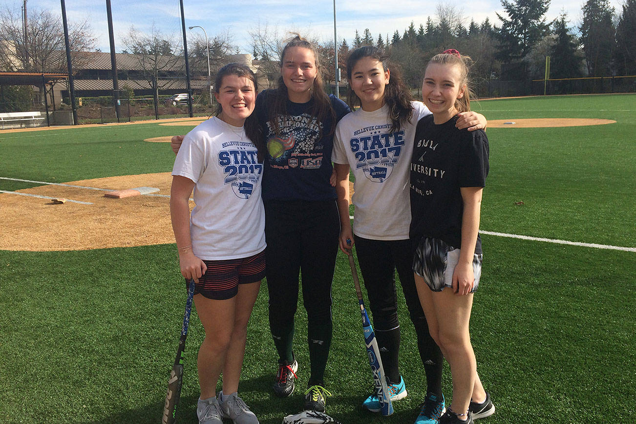 Bellevue Christian seniors Annie Whitton, Katie Pippel, Jasmine Hathaway and Celine LaBossier are striving to bring home a trophy from the Class 1A state tournament in their final year of high school softball. Shaun Scott/staff photo