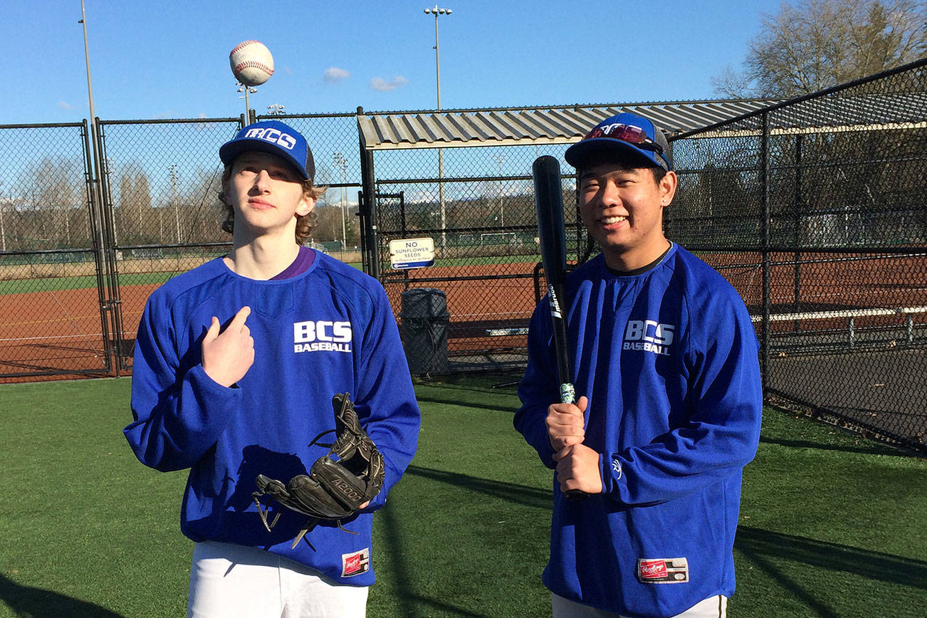 Shaun Scott, staff photo                                Bellevue Christian ace pitcher Eric Kats, left, and infielder Daniel Teramato, right, are looking to lead their team to the Class 1A state baseball tournament this May.