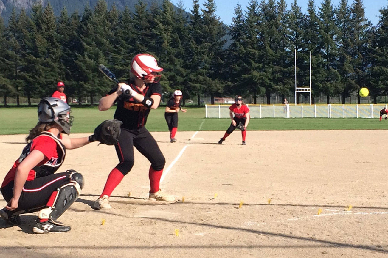 Shaun Scott, staff photo                                Newport Knights slugger Alexis Bradshaw (pictured) connected on a grand slam home run in the top of the second inning, giving the Knights a 6-1 lead. Newport defeated Mount Si 10-7 on April 25 in Snoqualmie.