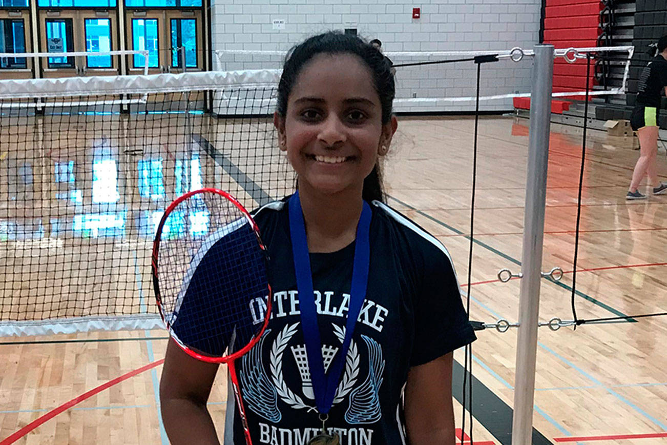 Photo courtesy of Wesley Newton                                Interlake Saints badminton player Anrushi Rao (pictured) earned first place in the singles tournament at the 2018 KingCo badminton tourney on May 2 at Sammamish High School in Bellevue.