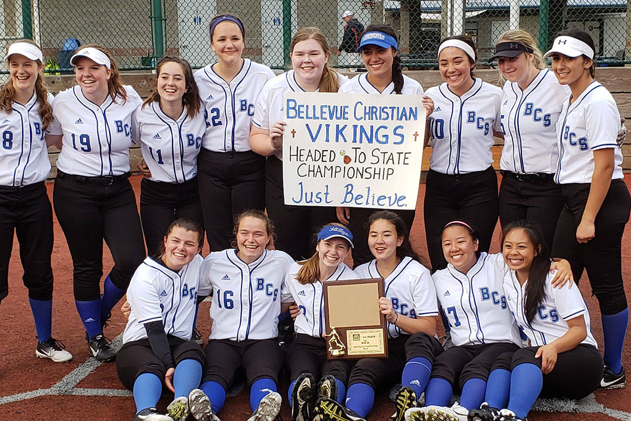 Photo courtesy of Sharon Hamilton                                The Bellevue Christian Vikings softball team defeated Coupeville 14-1 in the 2018 West Central District III Class 1A championship game on May 18 at the Regional Athletic Complex in Lacey.                                The Vikings, who have put together an overall record of 17-5 this season, have won 13 consecutive games. The Vikings will face the Cle Elum-Roslyn Warriors in the first round of the Class 1A state tournament at 10 a.m. on May 25 at Columbia Playfield in Richland.