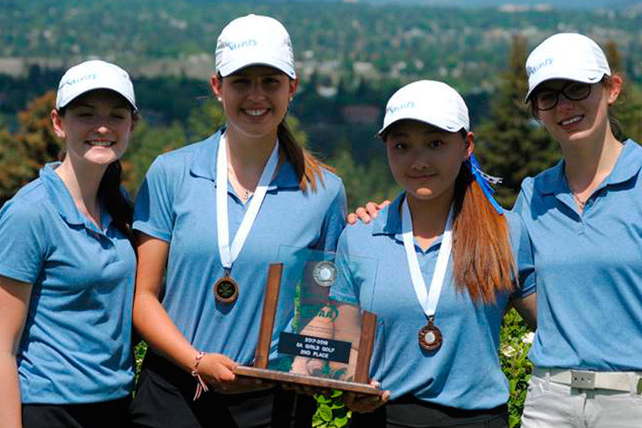 The Interlake Saints girls golf team earned second place at the Class 3A state golf tournament on May 23 at Indian Canyon Golf Course in Spokane.                                The Saints, who compiled 90 team points, finished just 1.5 points behind first place Bellevue (91.5 team points). Interlake’s Samantha Na captured fifth place overall individually with a total of 153 strokes at the two-day tournament. Katie Kester registered a sixth place finish with 154 strokes. Bronte Polette finished in 21st place overall individually as well.                                Photo courtesy of Douglas Calvert