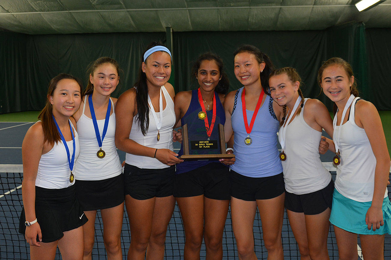 Photo courtesy of Matthew Perlman                                The Interlake Saints girls tennis team earned the Class 3A state championship on May 26 in Kennewick. The Saints, who compiled 41 team points, dominated the entire tournament. Seattle Prep earned second place with 20 team points.