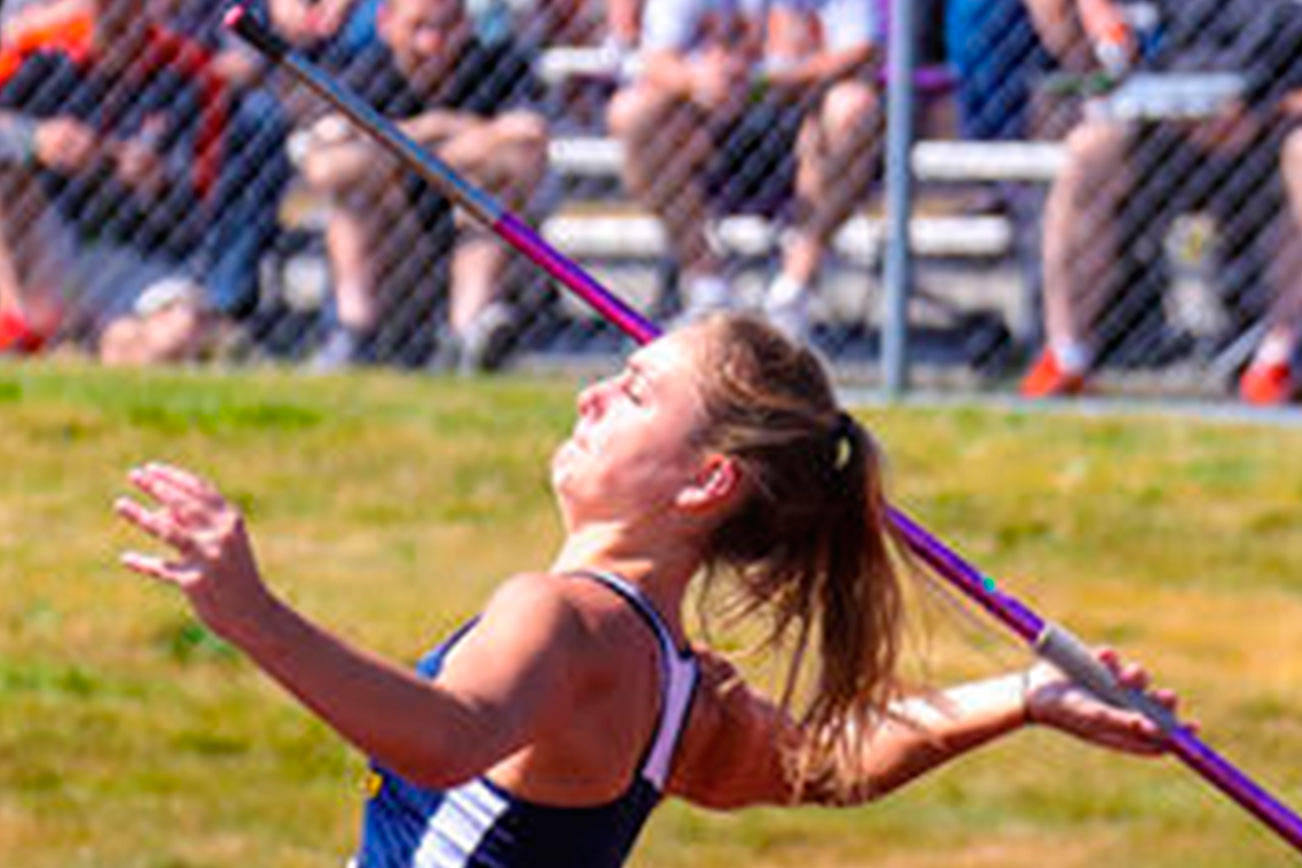 Bellevue Wolverines senior Carlie Gilbert captured first place in the javelin with a toss of 127 feet, 7 inches at the Class 3A state track meet on May 24 at Mount Tahoma High School in Tacoma.                                Photo courtesy of Don Borin/Stop Action Photography