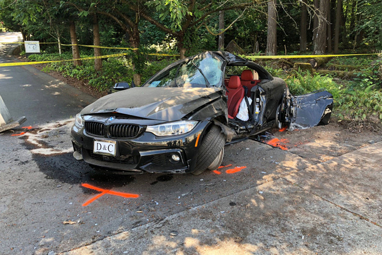Bellevue Police are investigating the fatal crash involving this BMW. Excessive speed and drugs or alcohol are suspected as contributing factors. Courtesy of the Bellevue Beat Blog