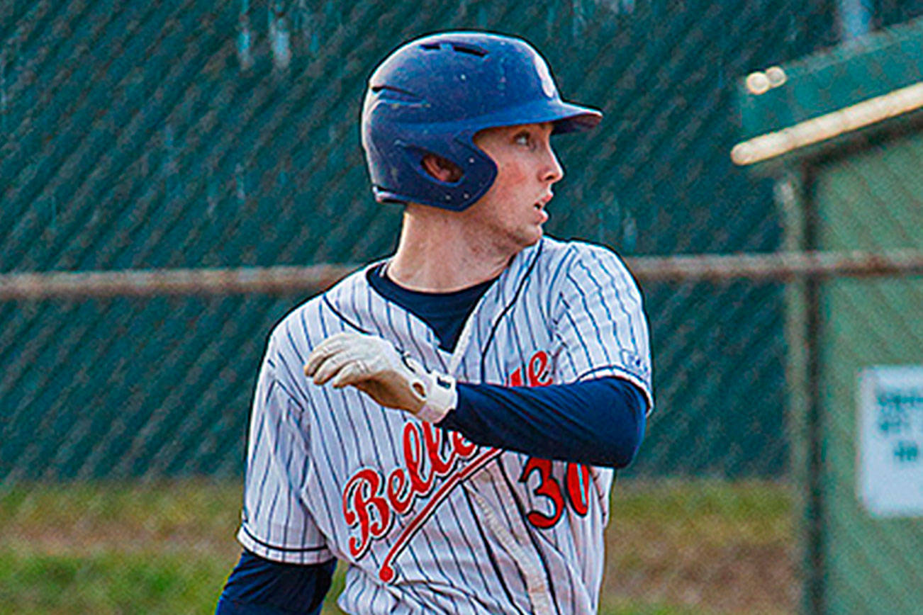 Bellevue Bulldogs baseball player Griffin McCormick connects on a base-hit during the 2018 season. McCormick, who finished with a team best .346 batting average this season, will continue his baseball career at Sacramento State University. Photo courtesy of Rich Dworkis