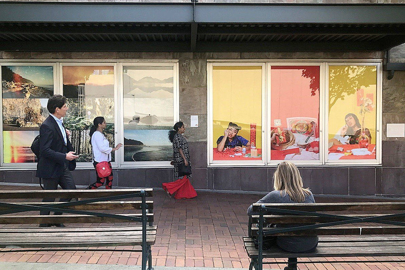 Art Walk has a new meaning during Bellwether 2018. Pieces by Lauren Max (left), and Monyee Chau and Alex Britt (right) along the pedestrian corridor in downtown Bellevue. Photo courtesy of Bellevue Arts & Culture Facebook page.