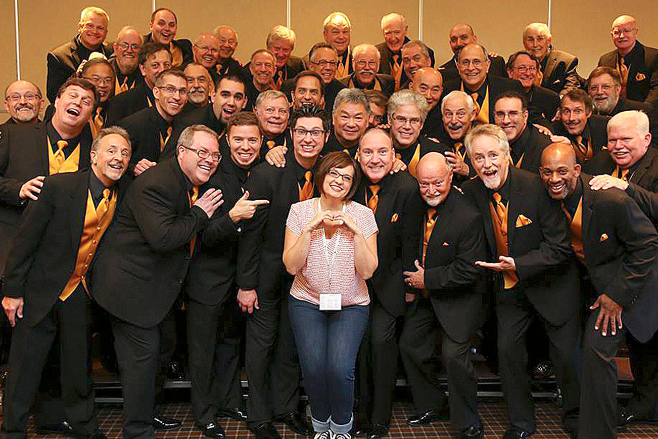 Amy Rose’s final coaching gig with the men of Northwest Sound Men’s Chorus at the Evergreen District Contest. Photo courtesy of Northwest Sound’s Facebook.