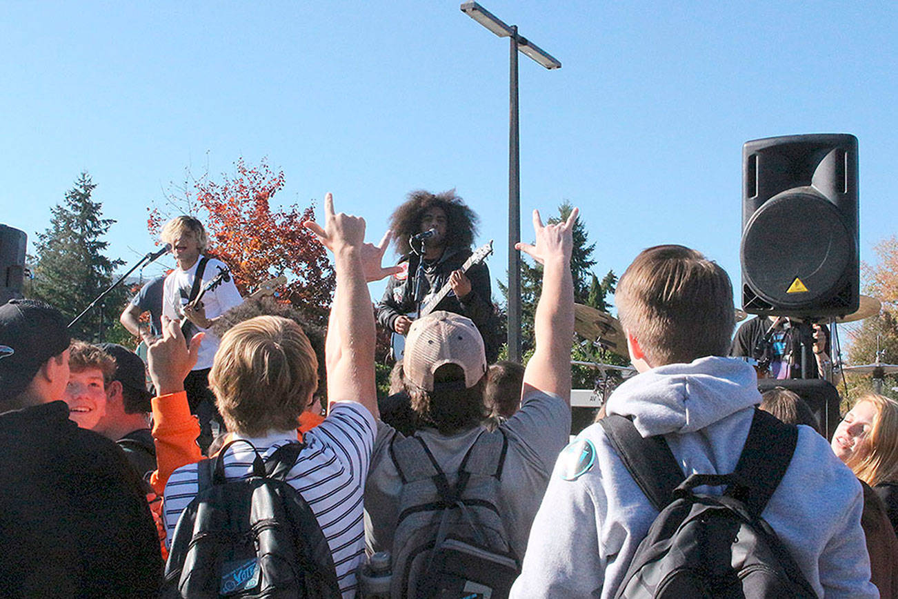 Gypsy Temple performs at Mt. Si High School on Oct. 17. From left: Hamoon Milaninia, Wilson Rahn, Cameron Lavi-Jones and Kai Evan Hill. Madison Miller/staff photo.